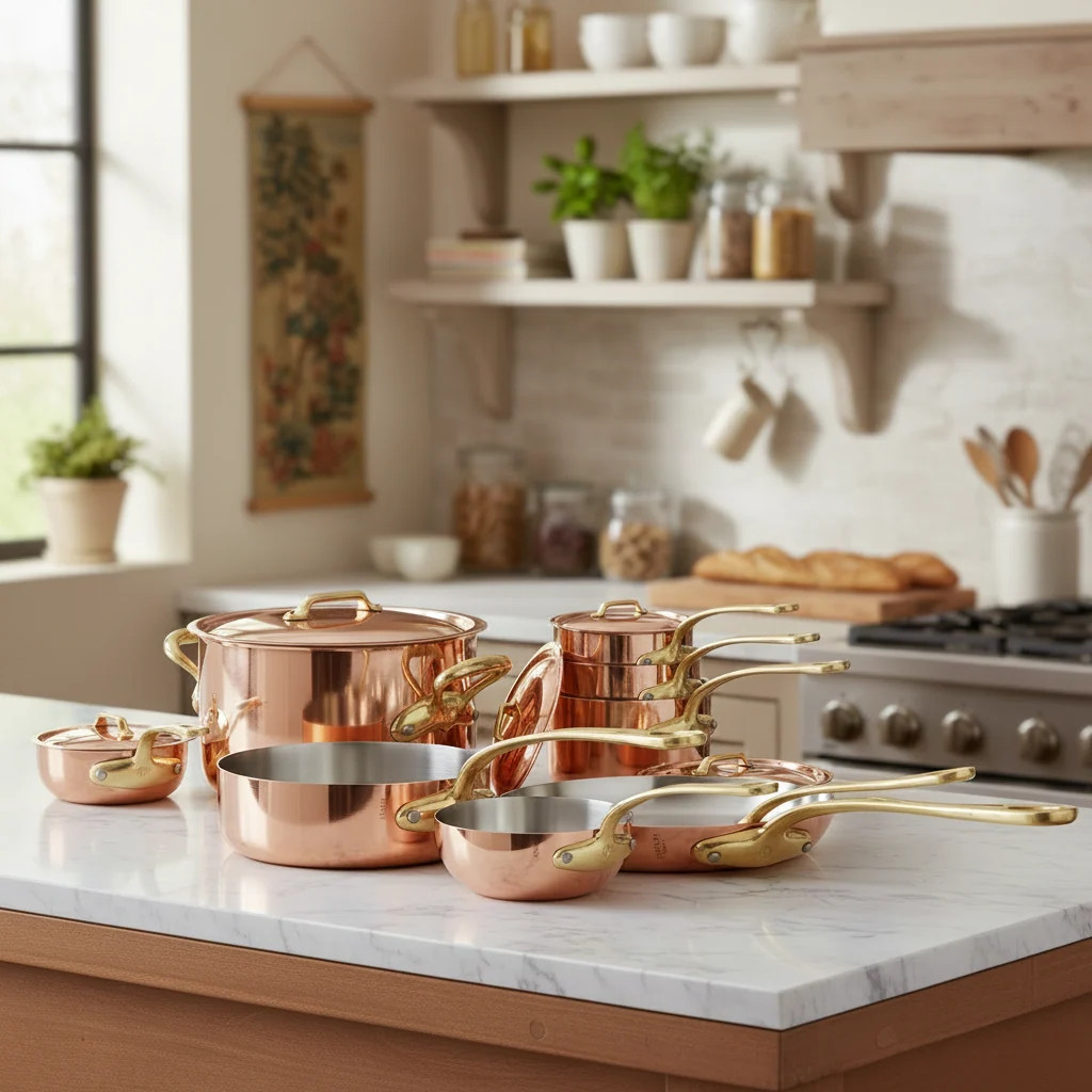 Mauviel M’Heritage M’200 B 12-Piece Copper Cookware Set With Brass Handles