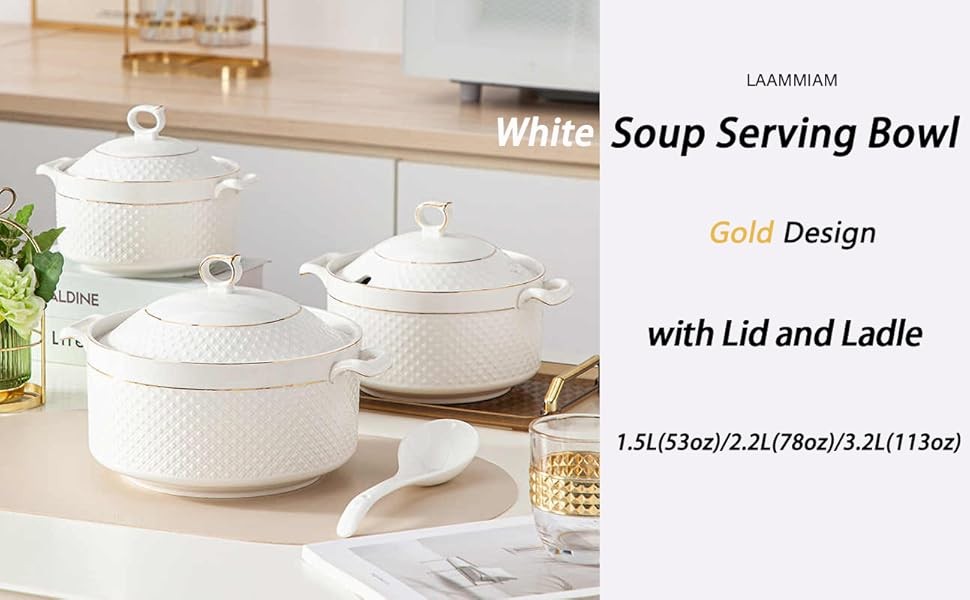 White Soup Tureen with Gold Design,Double Handle Soup Serving Bowl with Lid and