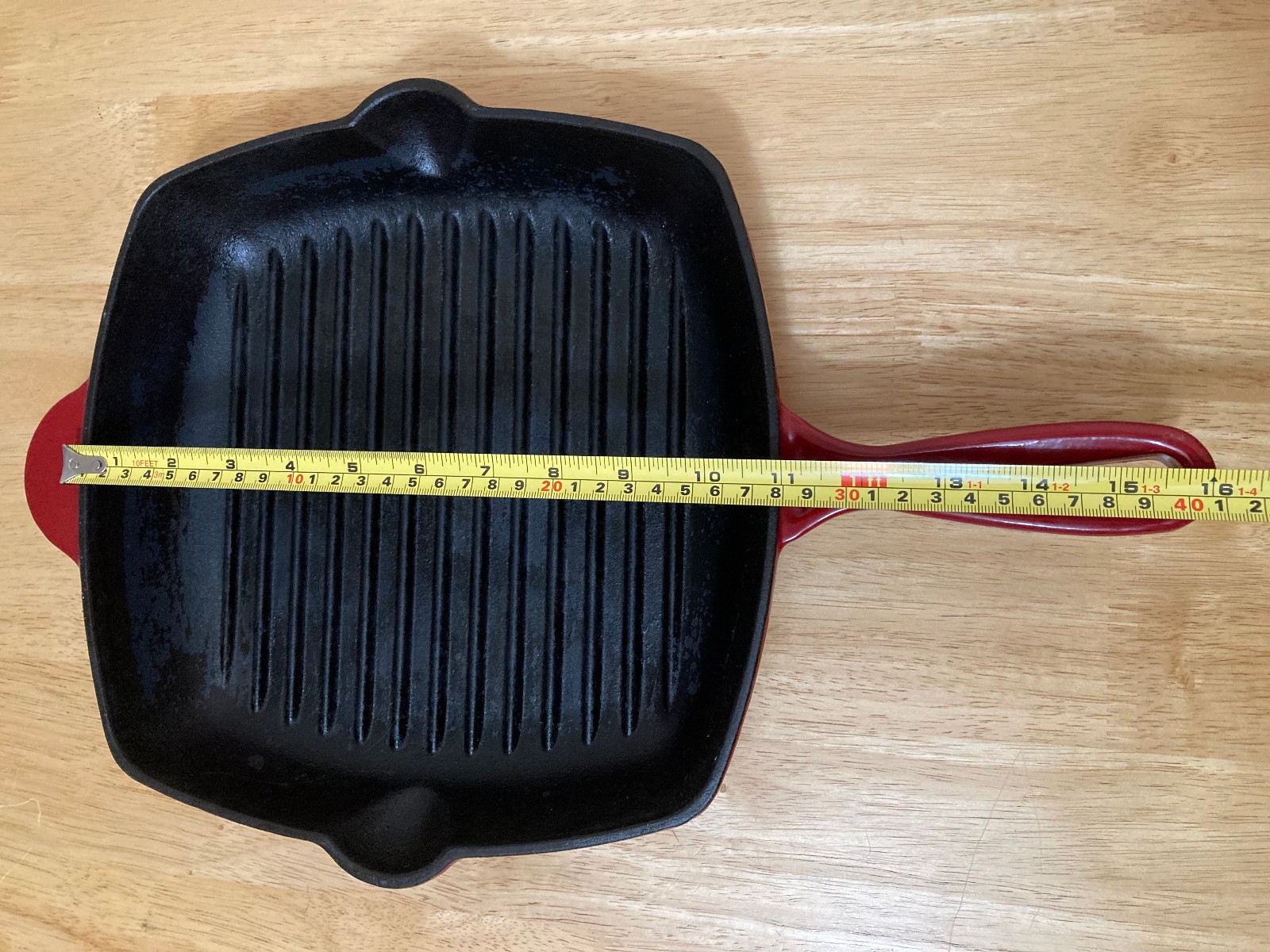 RED Enamel Cast Iron Square 11″ Skillet Ribbed Grilling Pan