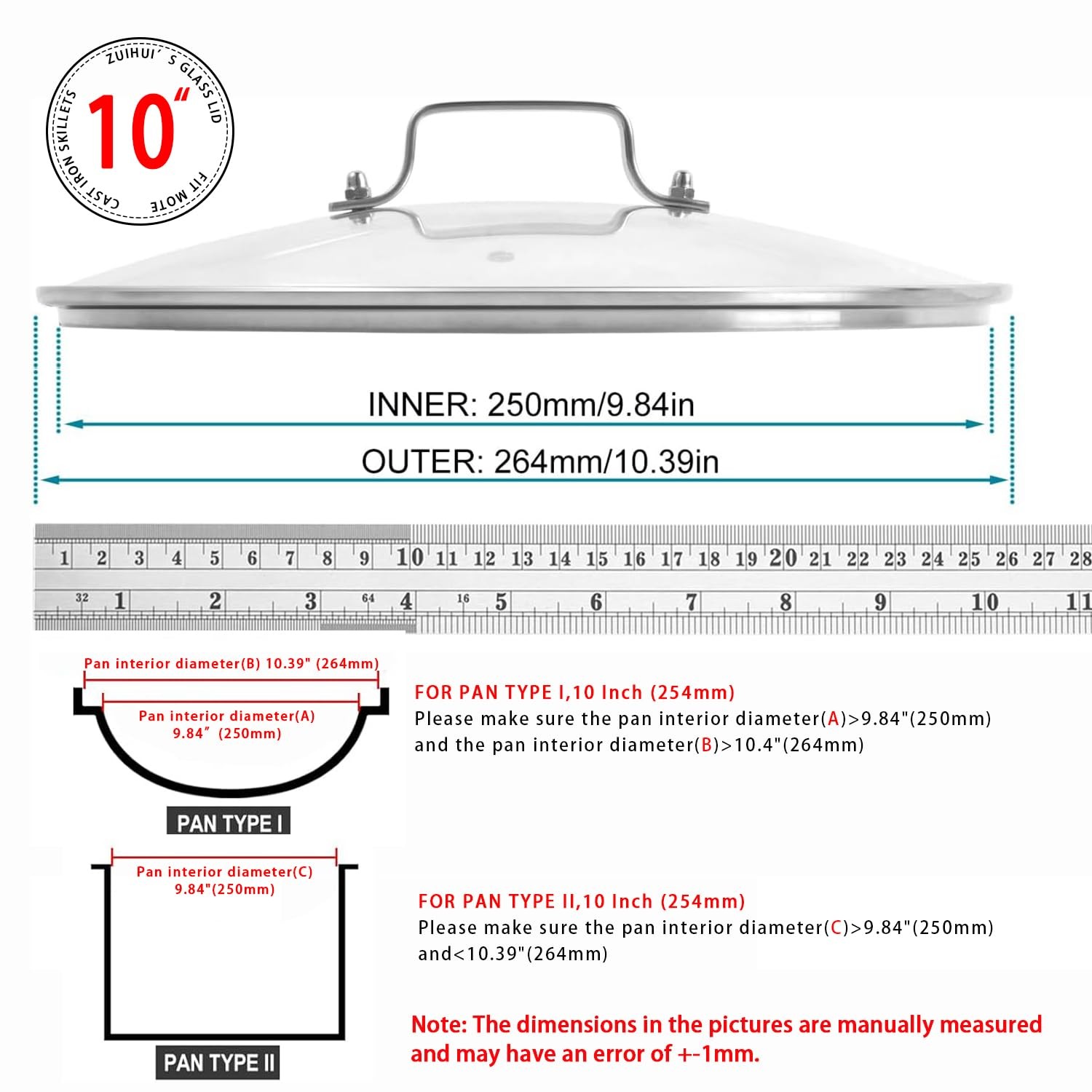 10 Inch Tempered Glass Pan Lid, 10″ Glass Covers for Pots, Frying Pan, Pans and
