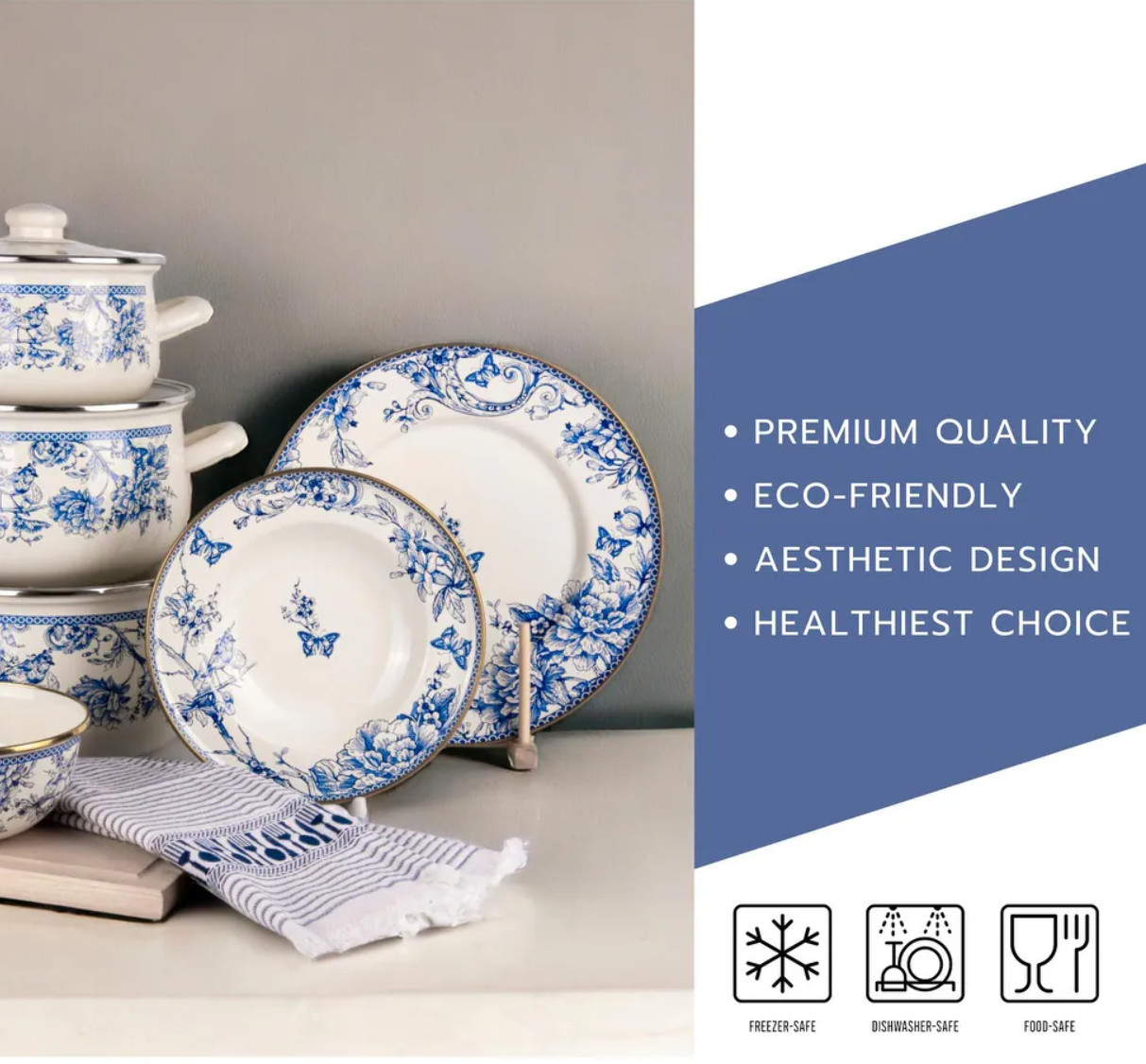 3 Pc Enamel Stock Pot Set with Glass Lids Induction Cookware Blue White