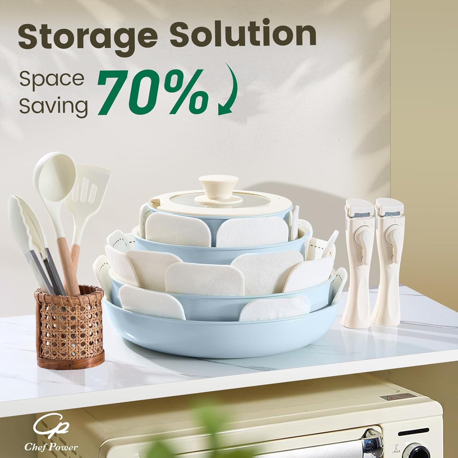 Ceramic Nonstick Pots and Pans Set 19 Piece with Detachable Handle, Induction Di