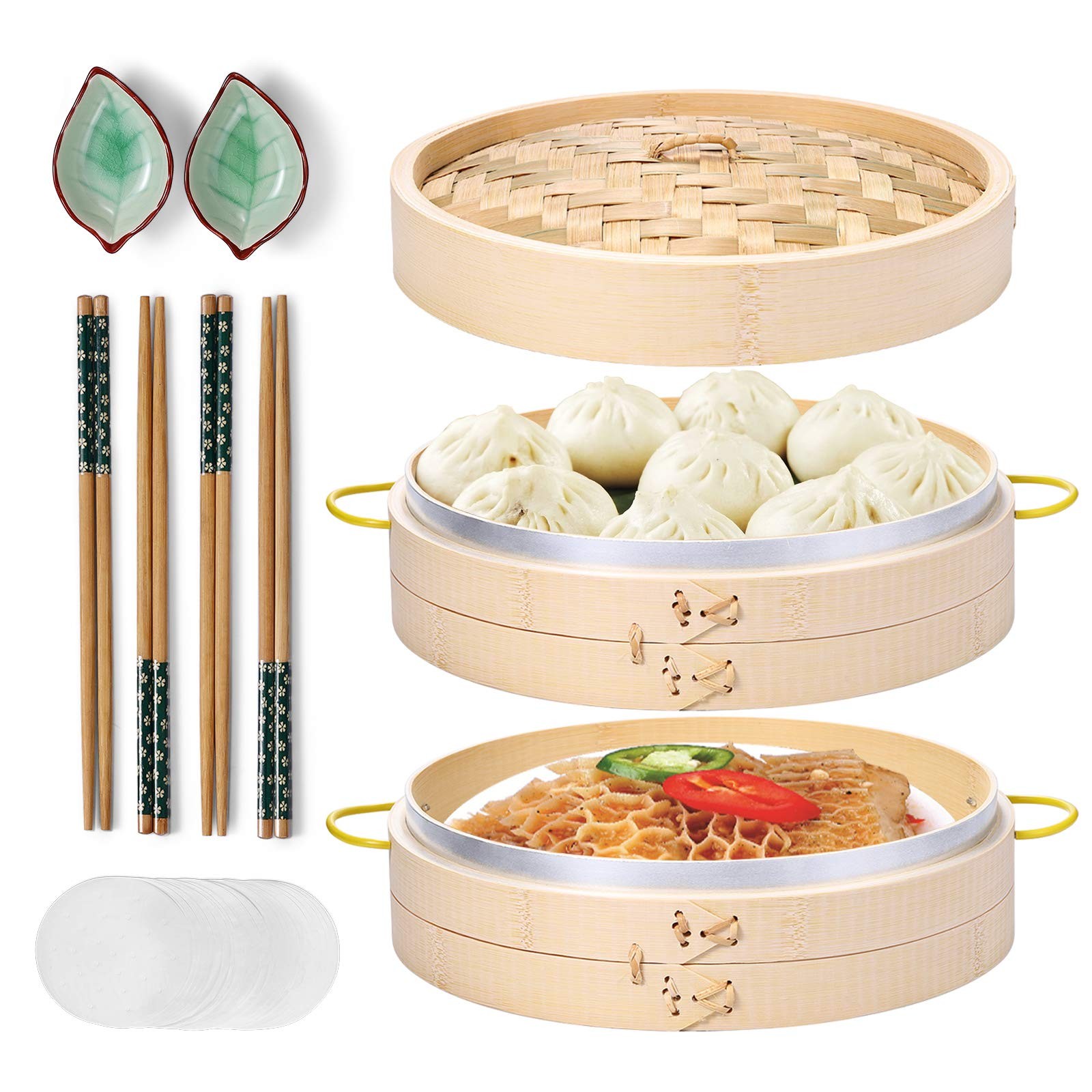 Bamboo Steamer Basket Set 10 inch Steamer for Cooking, with Side Handles Chop…