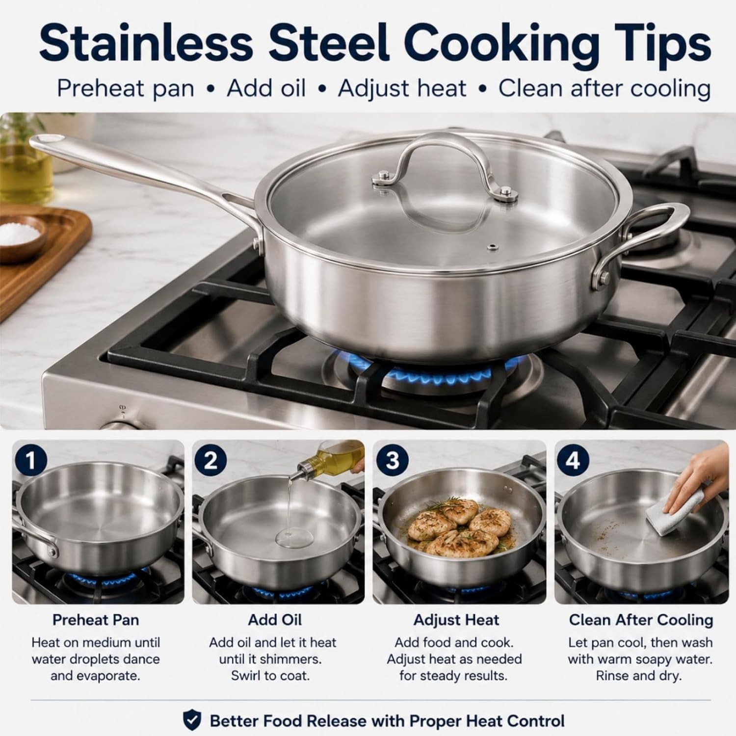 11 Inch Tri-Ply Stainless Steel Saute Pan with Glass Lid, 4.7 QT Deep Skillet