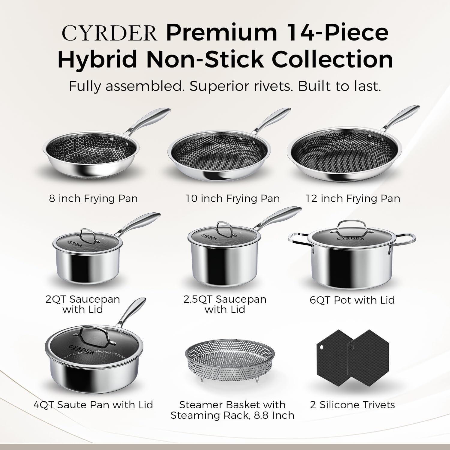 Pots and Pans Set Non Stick, 14 Pcs 5-Ply 18/10 Stainless Steel | Hybrid Profess