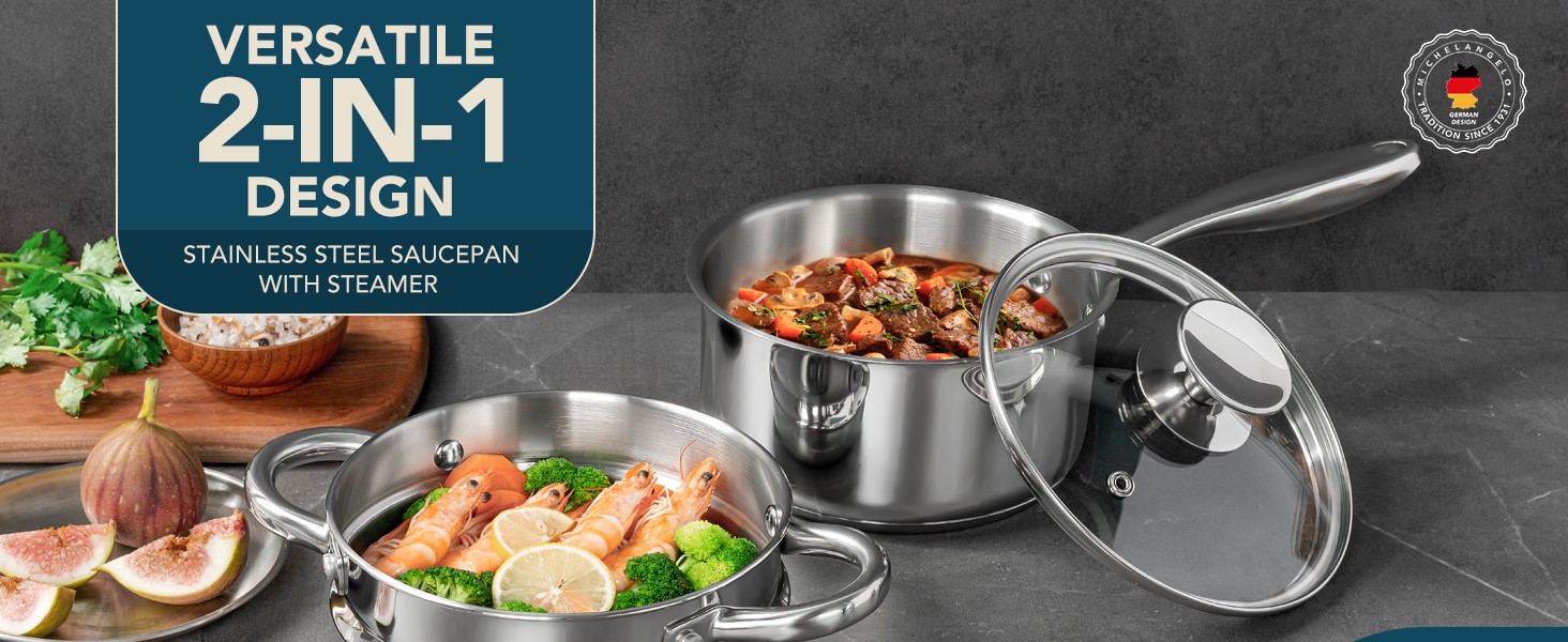 1.5 Quart Saucepan with Steamer, Stainless Steel Saucepan with Lid, Triply