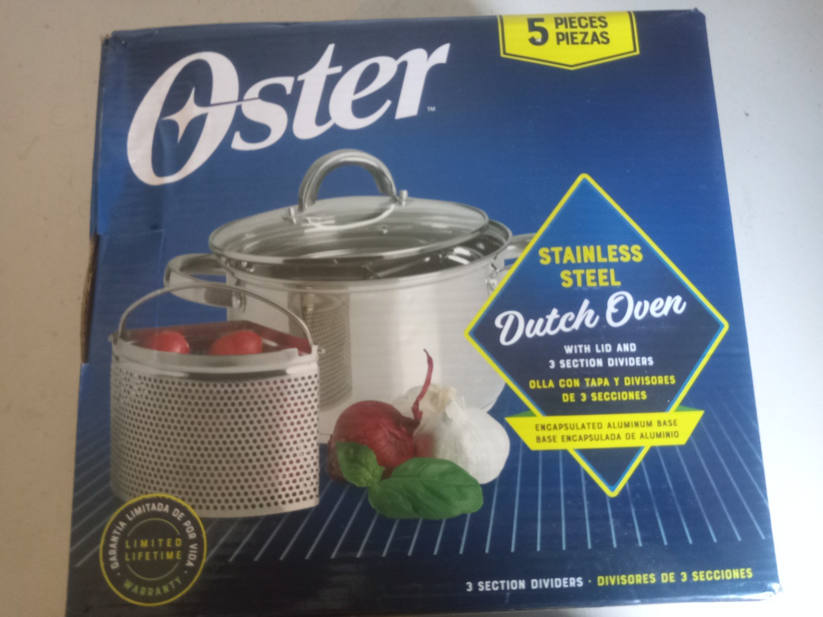 Oster 5pc Stainless Steel Dutch Oven with Lid & 3 Section Dividers 4 QT New Open