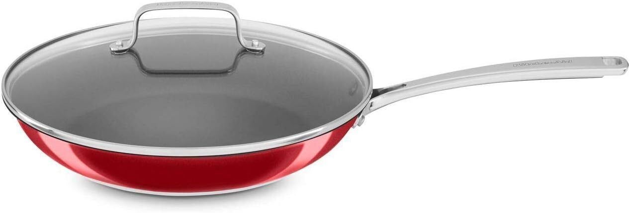 KitchenAid Stainless Steel 12 inch Nonstick Skillet Griddle with Glass Lid, Red