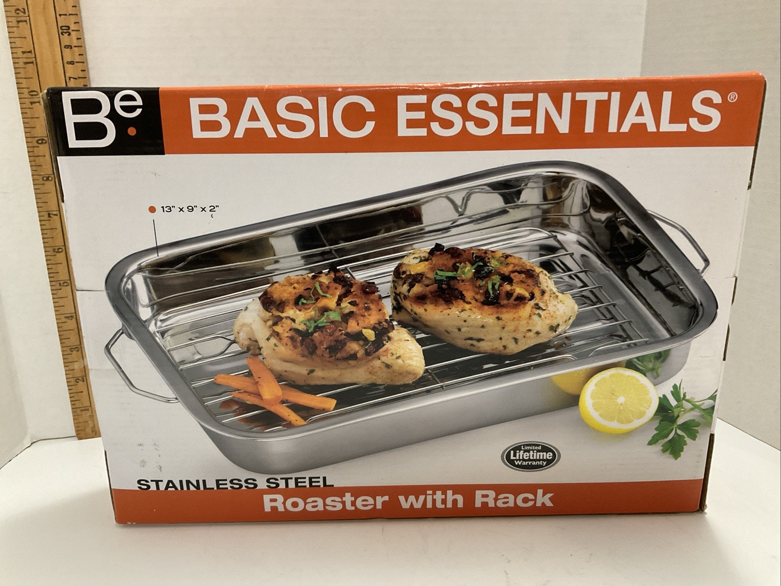 NEW BASIC ESSENTIALS ROASTER PAN & RACK STAINLESS STEEL NIB