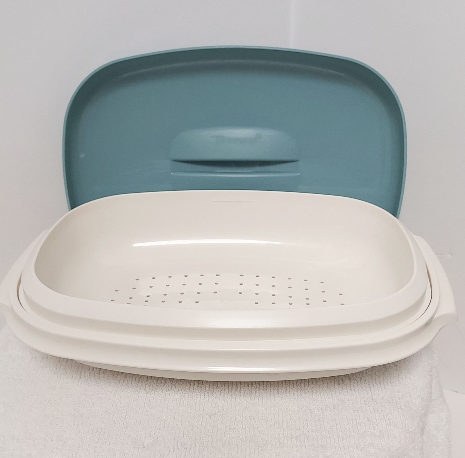 VTG Tupperware Microwave Food Steamer Set Teal 3pc Vegetable Rice Fish Steamer
