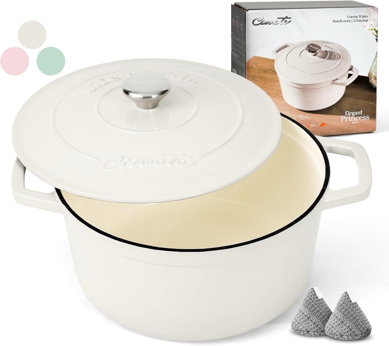 Ciwete 6QT Enameled Cast Iron Dutch Oven Pot w/ Lid Bread Baking Braiser White
