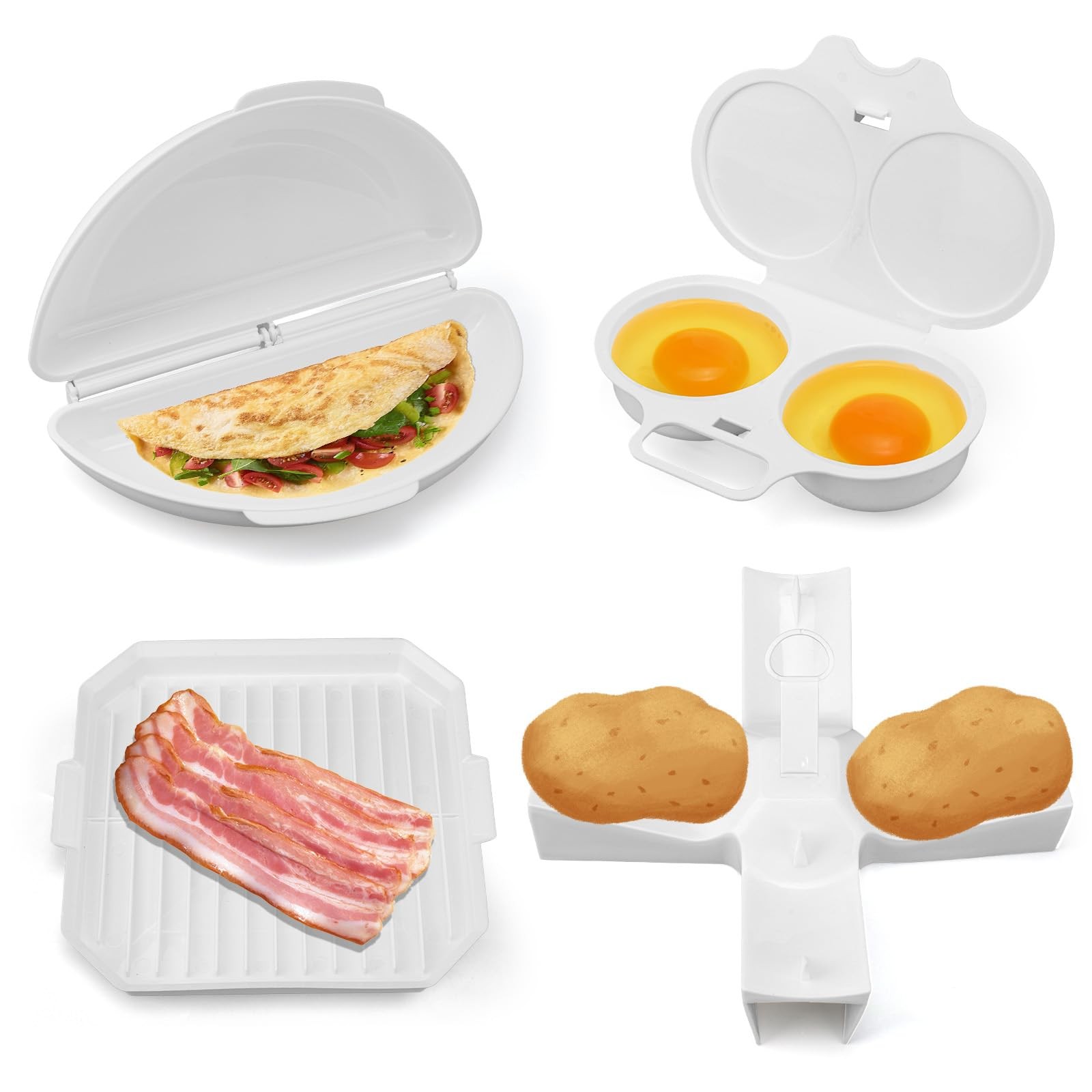 4 PCS Microwave Breakfast Set NonStick Omelet Maker Egg Poacher Bacon Tray