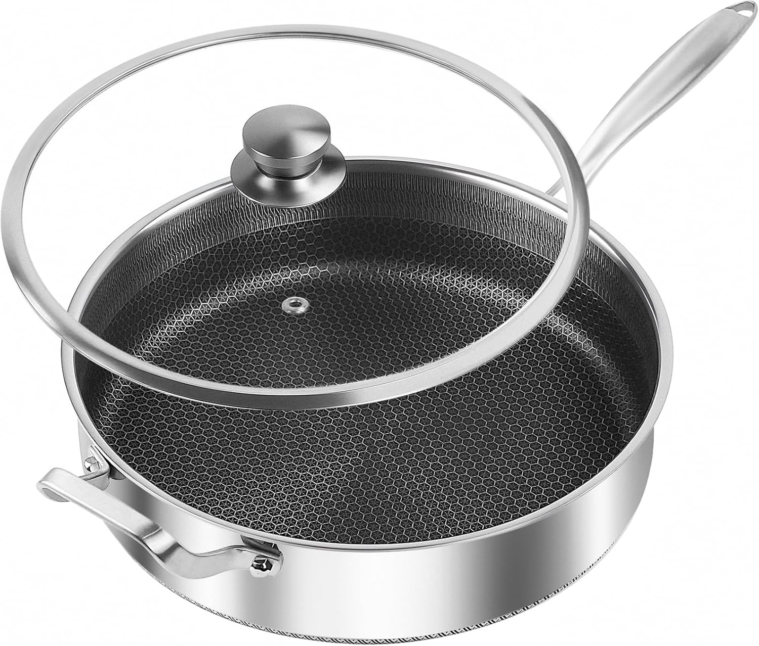 13.5″ Nonstick Tri-Ply Frying Pan with Lid – PFOA Free Stainless Steel