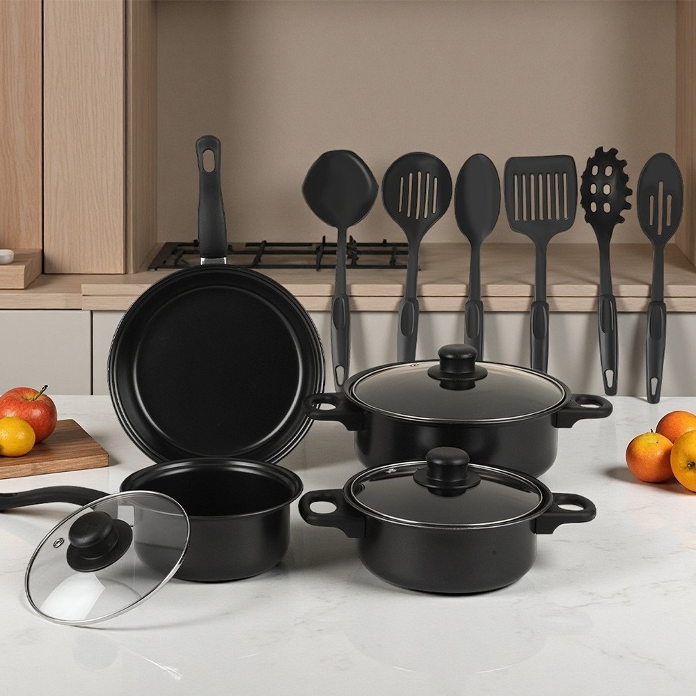 Juego de Ollas y Sartenes de Cocina Antiadherente Utensilios 13 Piezas Negro