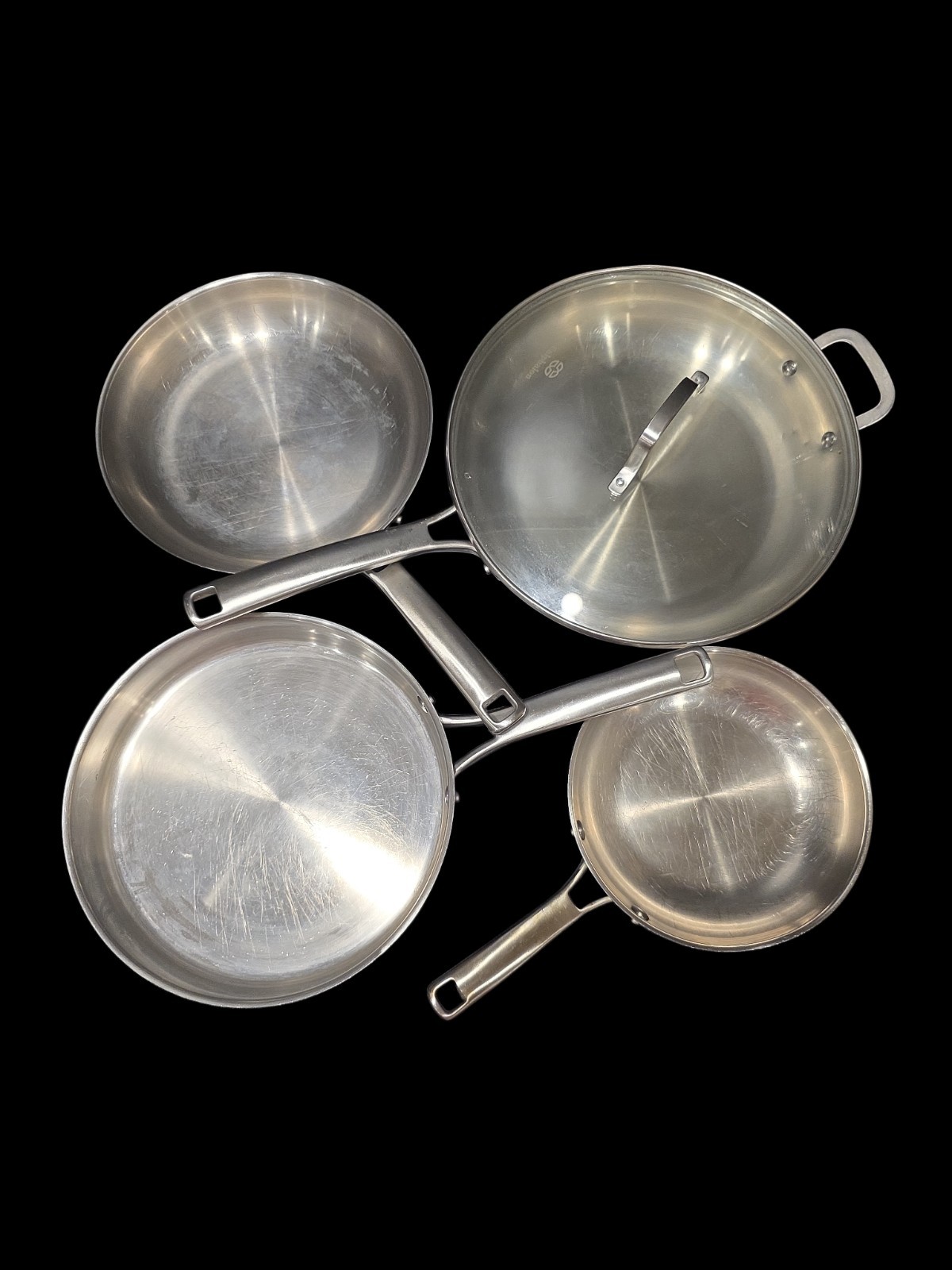 Calphalon Stainless Cookware Lot 12″ w Lid, 10″, 8″ Skillets, 3 Qt Saucepan