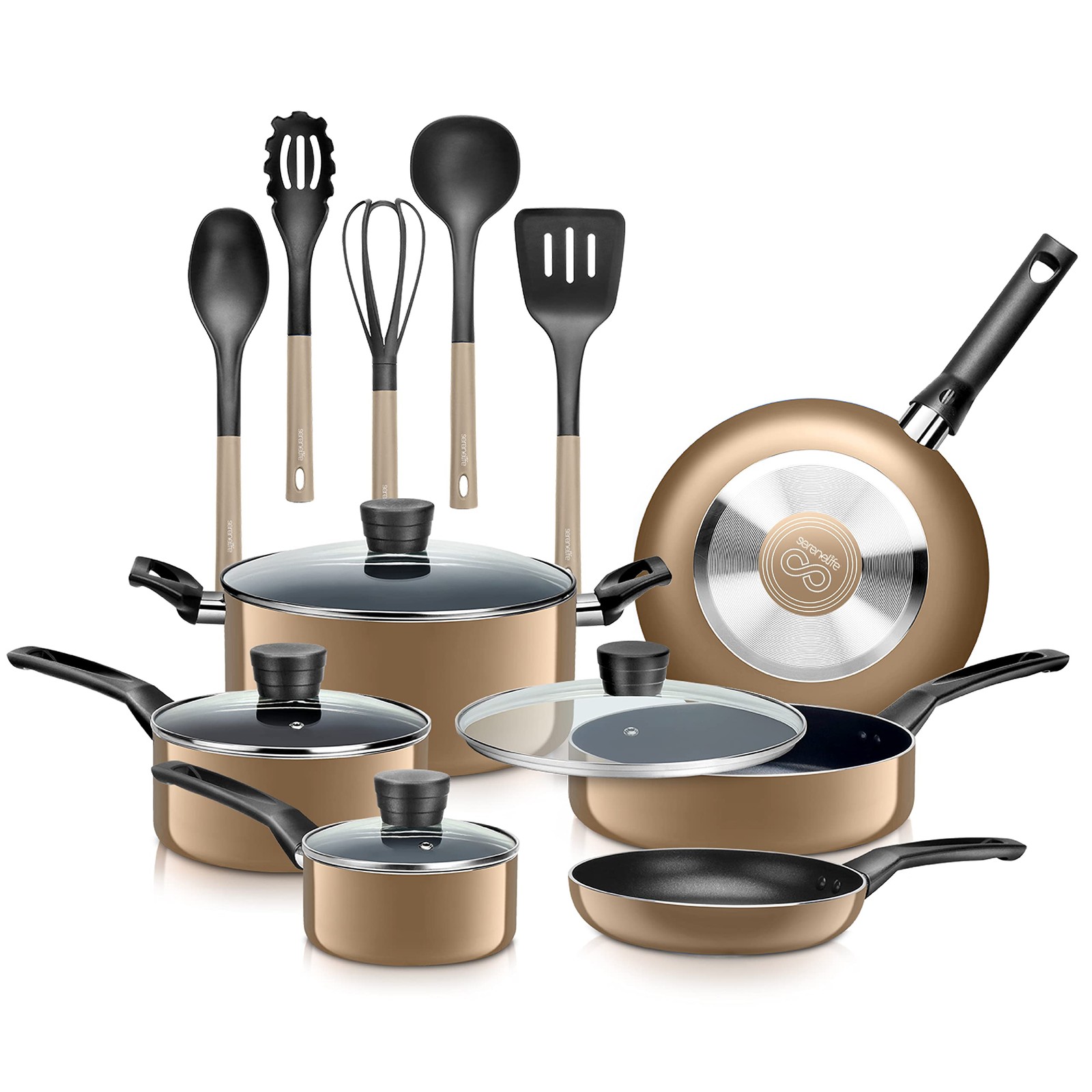 SereneLife 15-Piece Cookware Set – Pots & Pans, Gold, Black Non-Stick