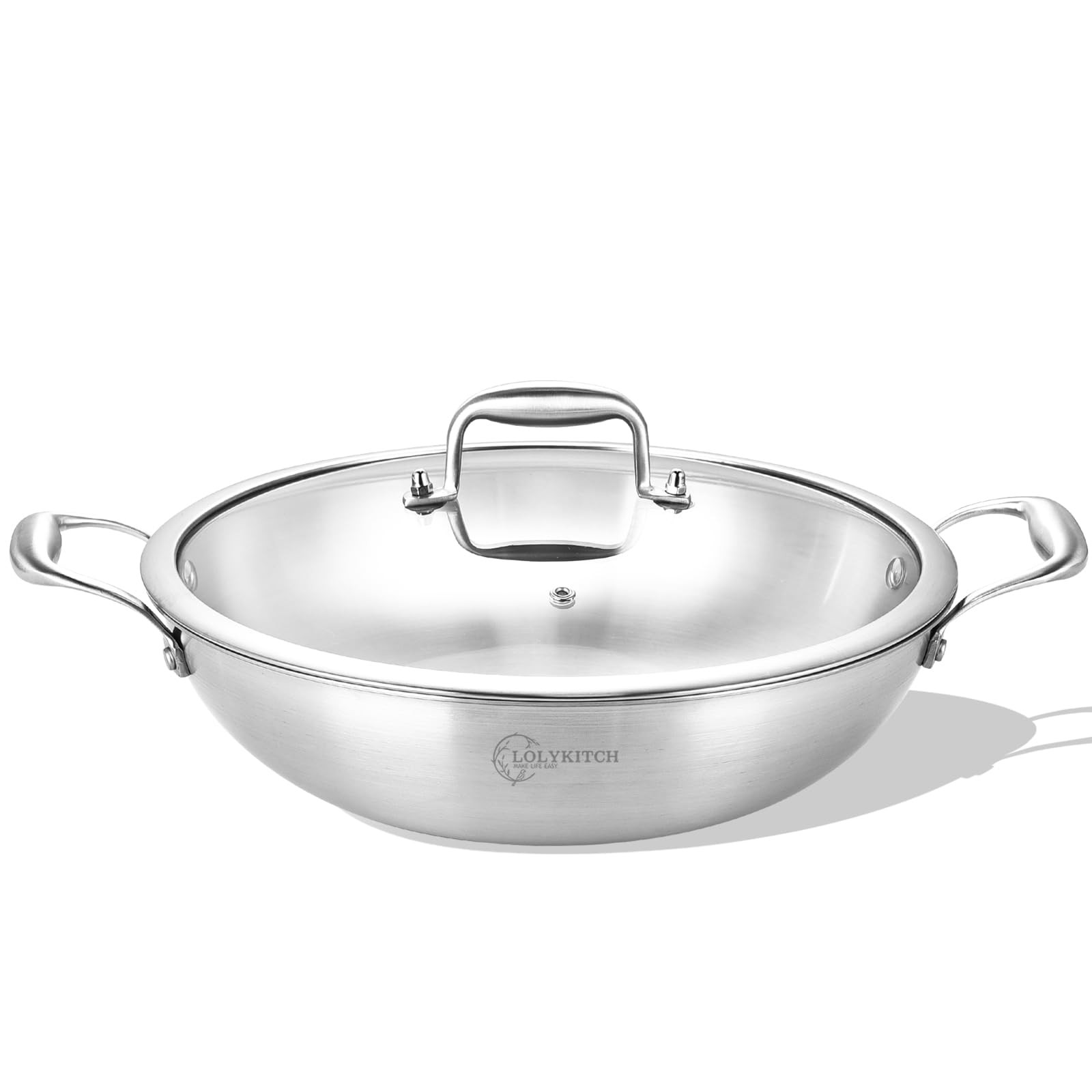 12 Inch Tri-Ply Stainless Steel Wok Pan with Lid,5 QT Deep Stir-Fry Pan,Jumbo Co