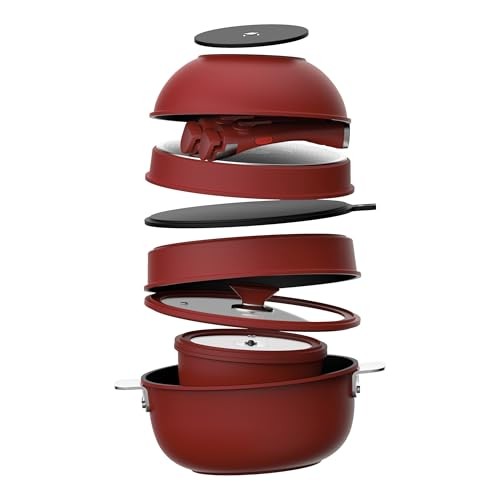Bergner 11-Piece Non-Stick Cookware Set Detachable Handles Stackable Red