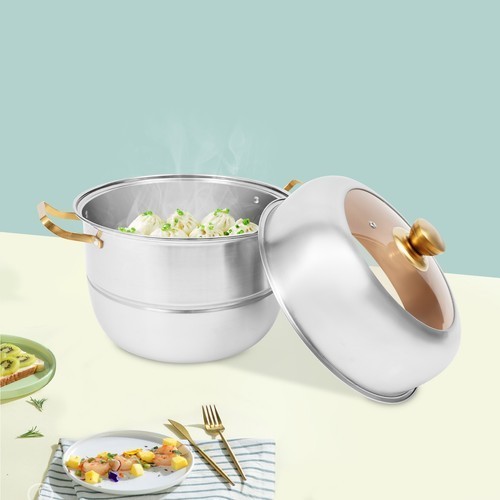 Steam Cooker, Stainless Steel Steam Cooker, 3-tier Steam Cooker Silver+Gold