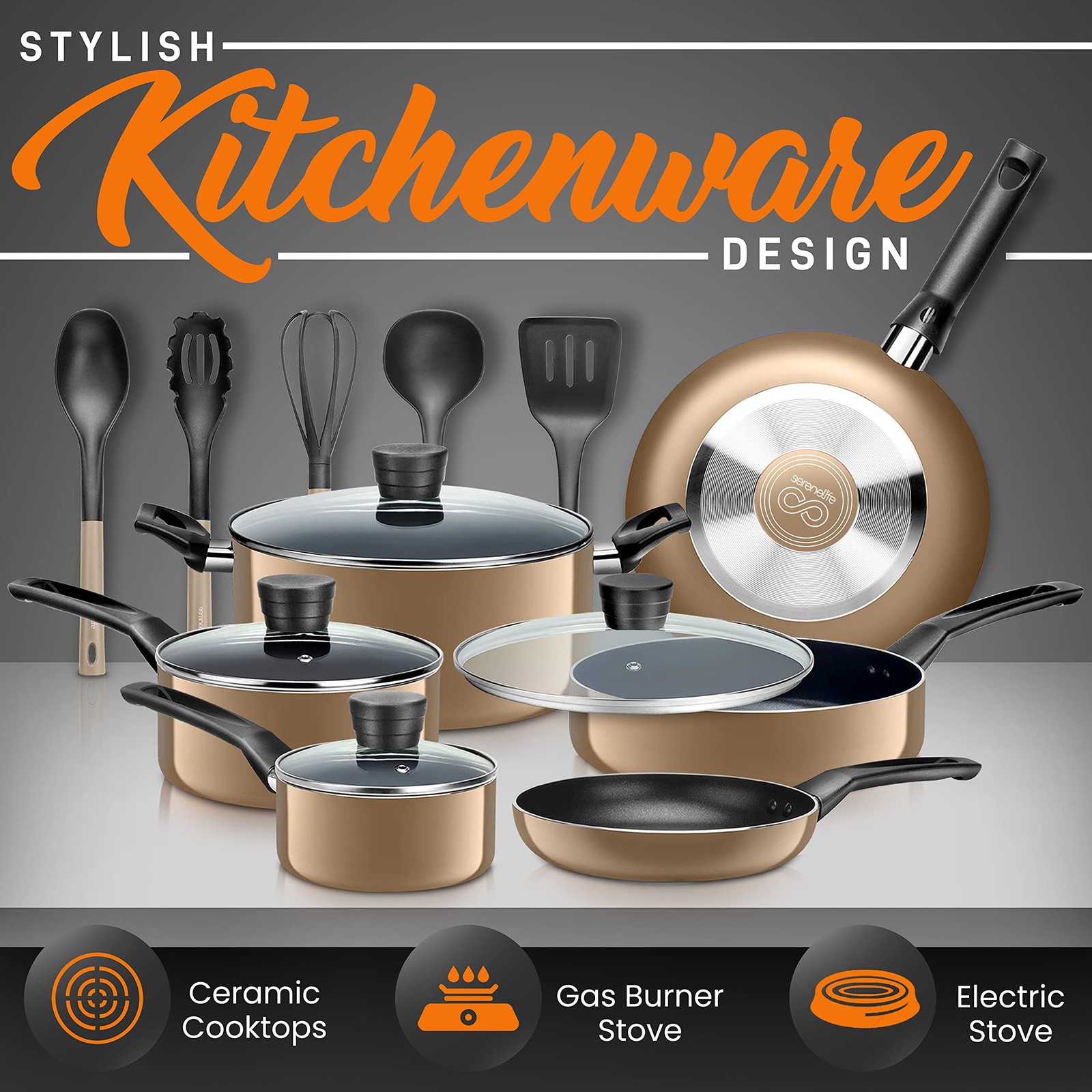 SereneLife 15-Piece Cookware Set – Pots & Pans, Gold, Black Non-Stick