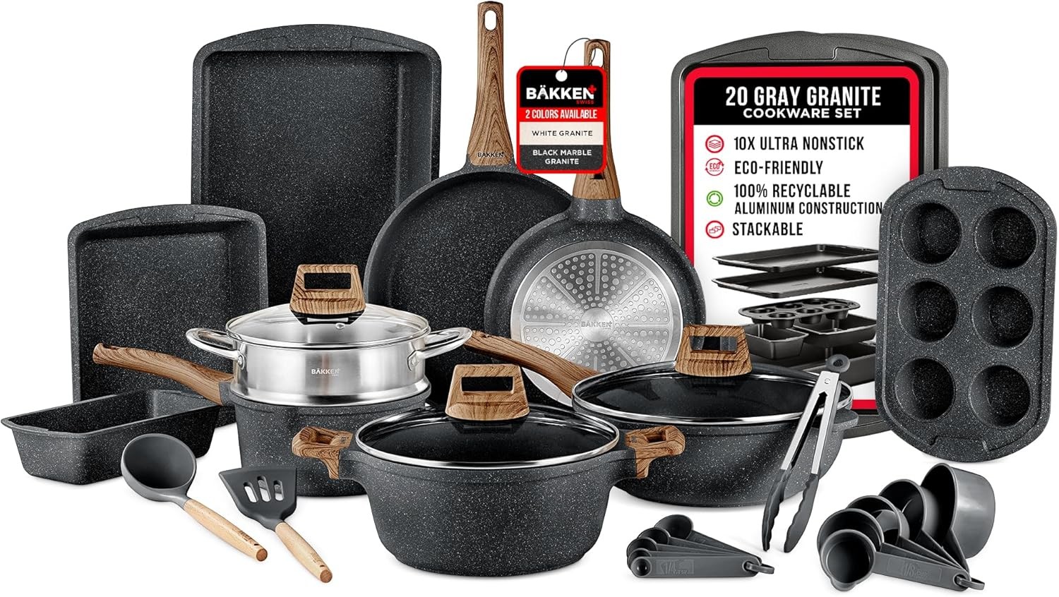 Bakken-Swiss 20-Piece Kitchen Cookware Set – Granite Non-Stick Eco-Friendly