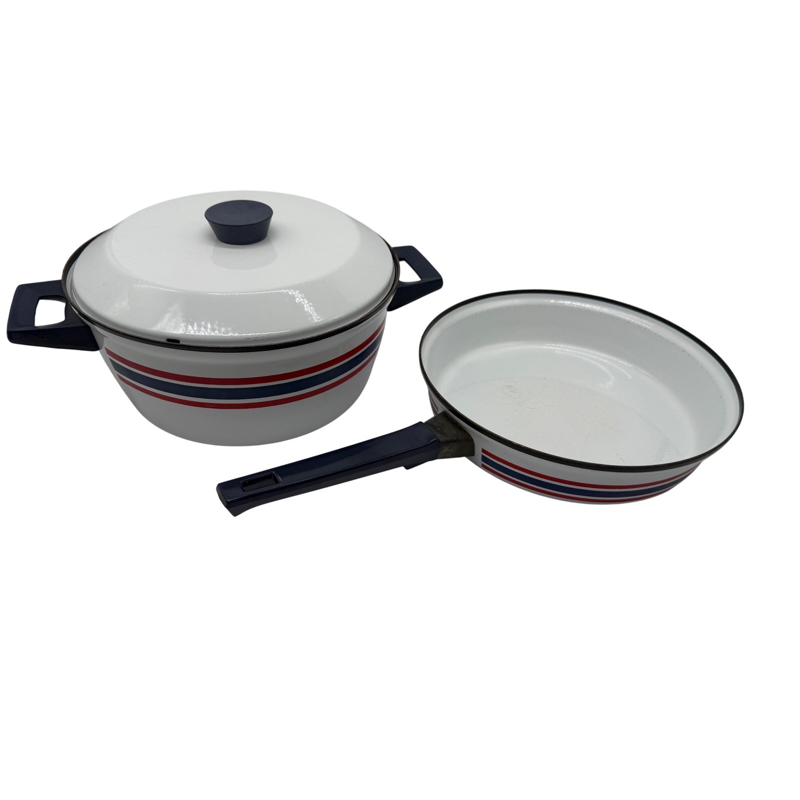 Vintage Club Celebration Norway Enamel Cookware Set White Red Blue Stripes 2pc