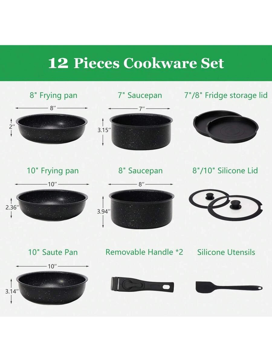 Sweetcrispy 12-Pieces Nonstick Pots And Pans Set, Kitchen Cookware With Black