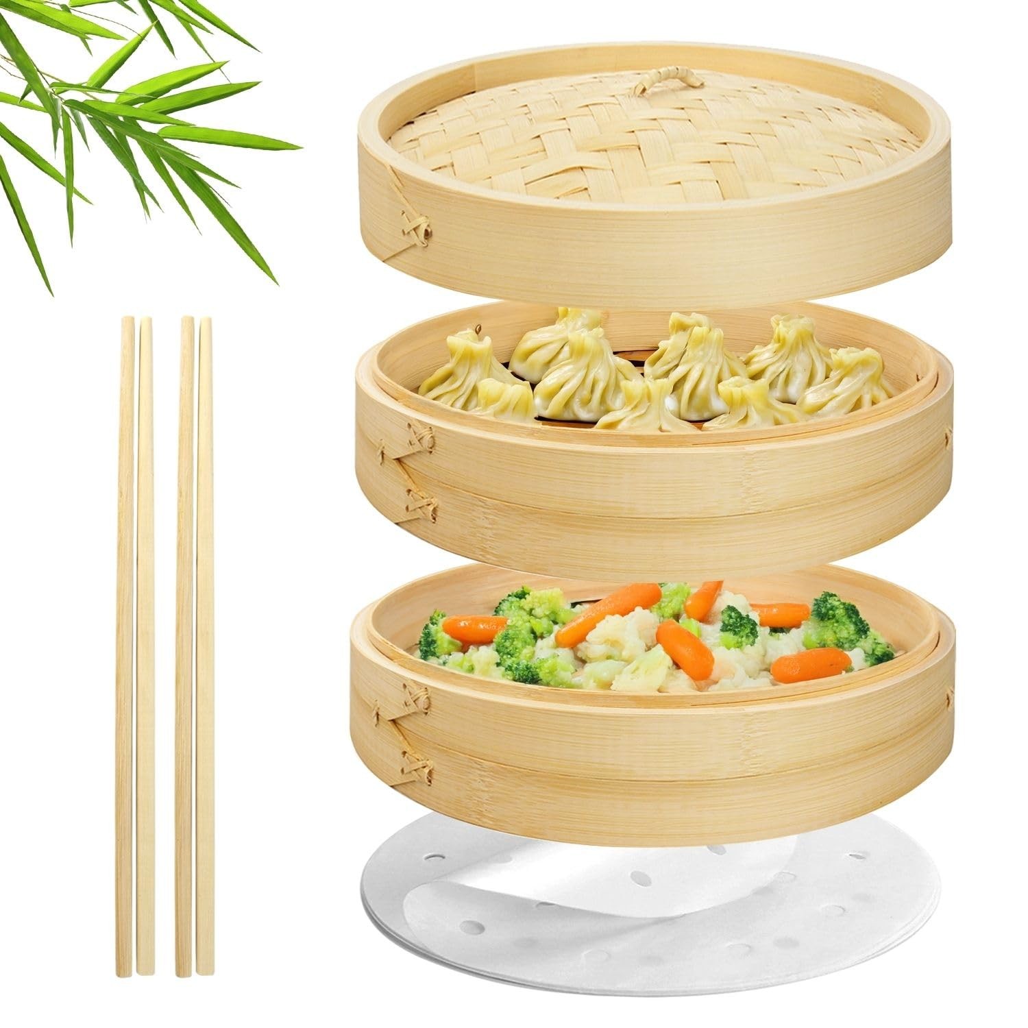Steamer Basket Set (8 inch), 50 x Steamer Liners and 2 Pairs of Chopsticks, S…