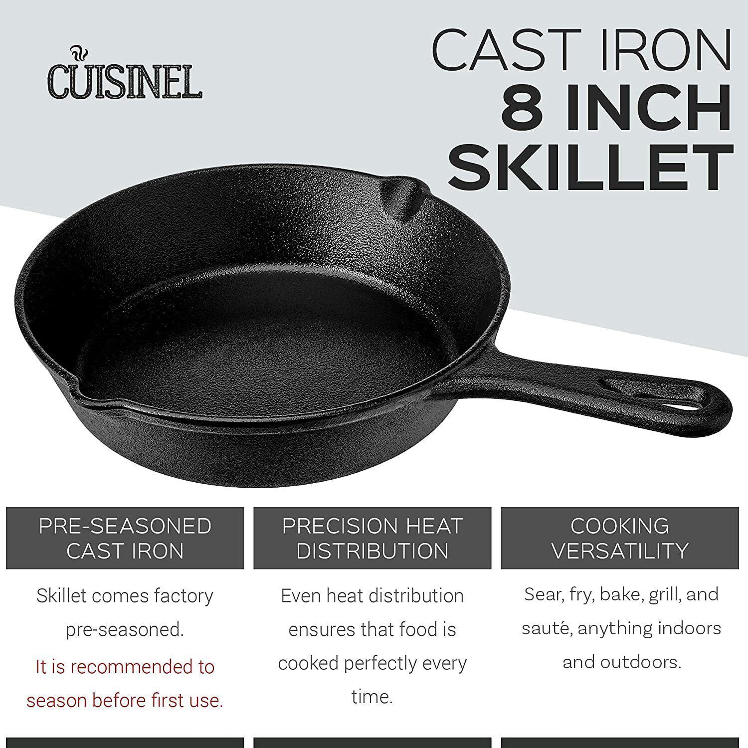 Cast Iron Skillet – 8″ Frying Pan with Pour Spouts + Silicone Handle