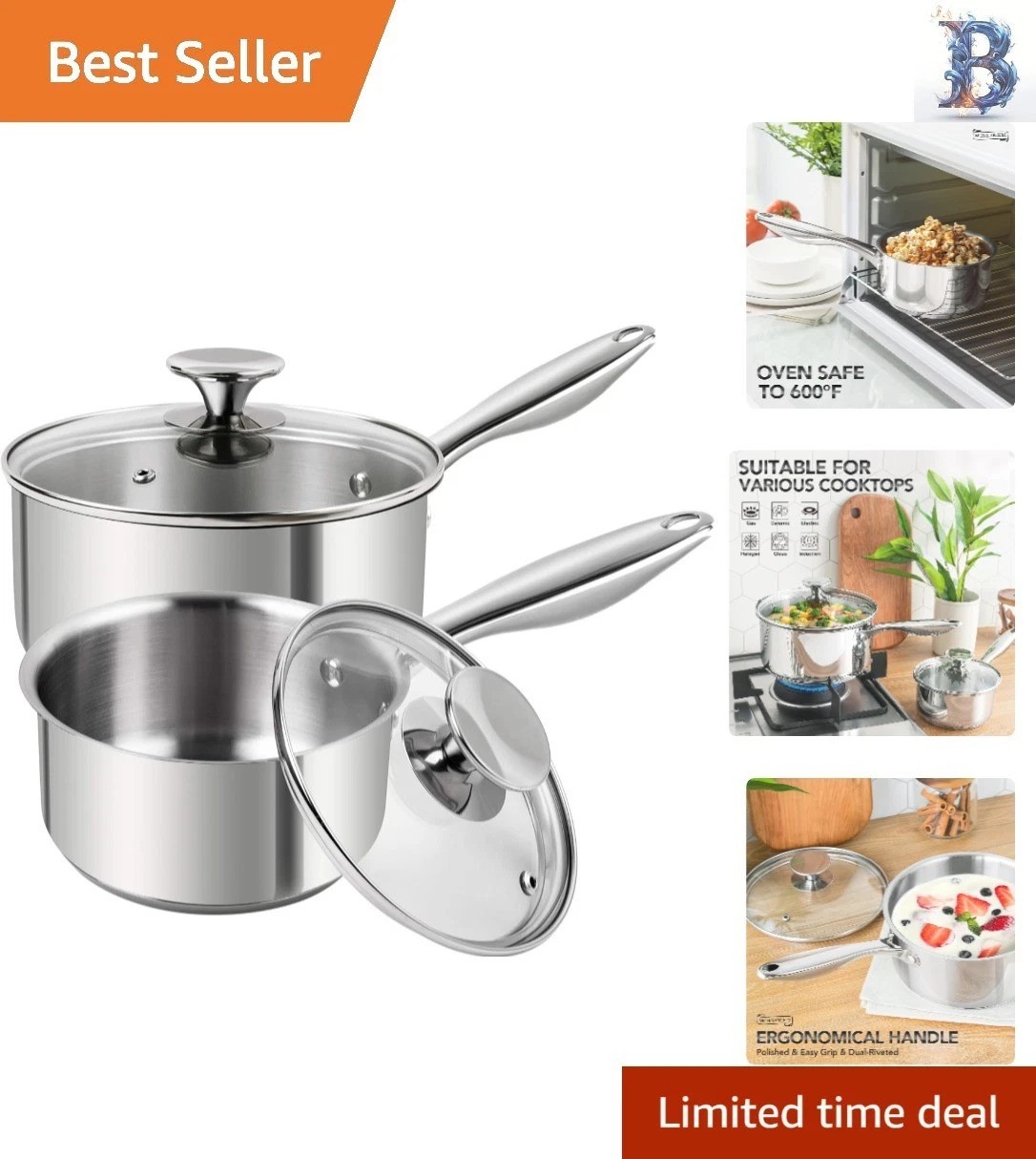 Induction Compatible Saucepan Set – 1Qt & 2Qt in Polished Stainless Steel