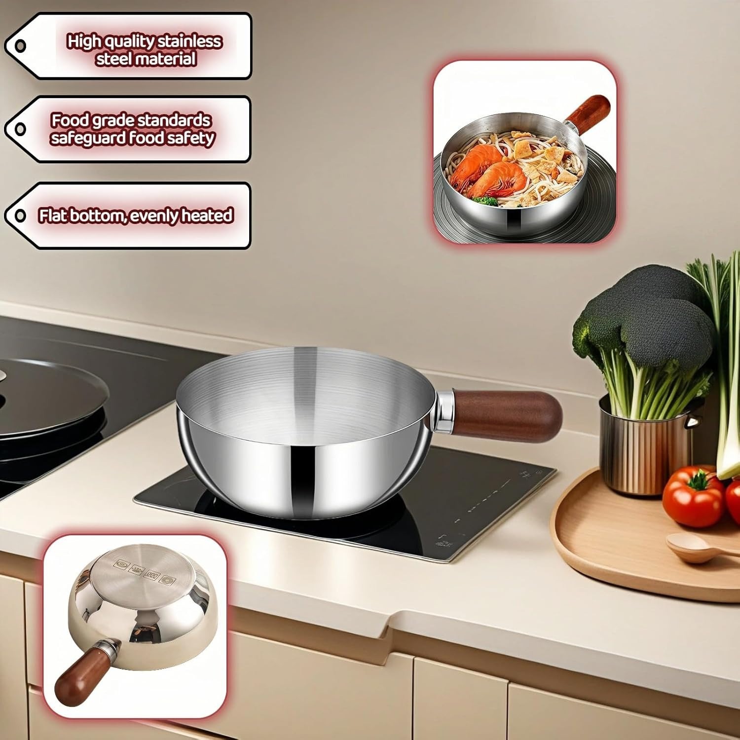 800ml/27oz 316 Stainless Steel Induction Compatible Pan, Wood Handle Saucepan