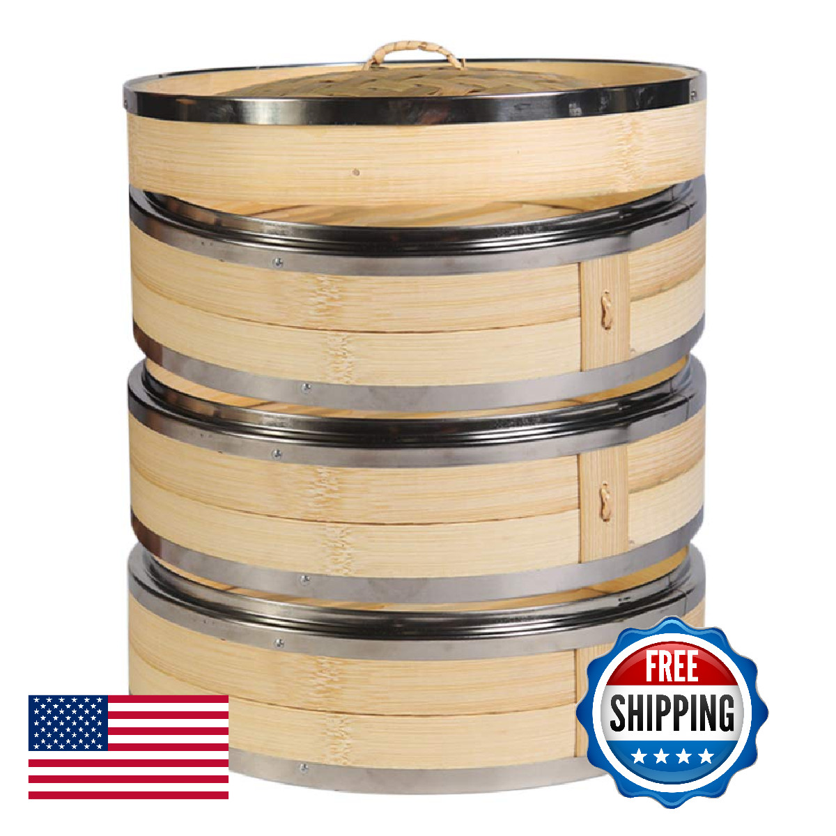 Hcooker 3-Tier Kitchen Bamboo Steamer Stainless Steel Rings For Asian 3