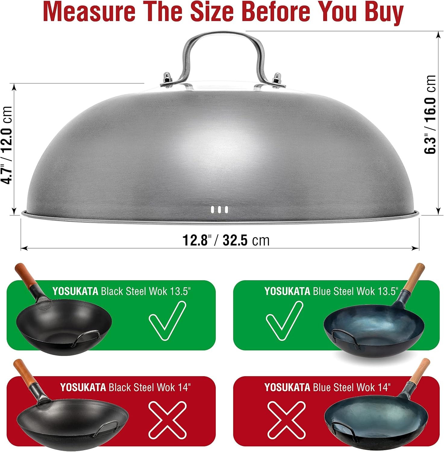 Wok Lid 12.8 In 13.5-In Wok Premium Stainless Steel Cover W/ Tempered Glass