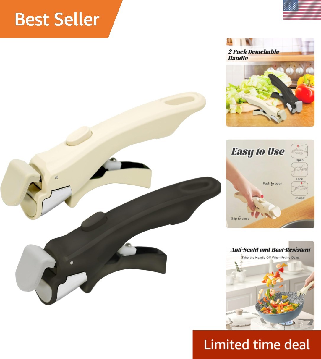 Ergonomic and Heat Resistant Detachable Handles for Pans and Pots – Beige/Black