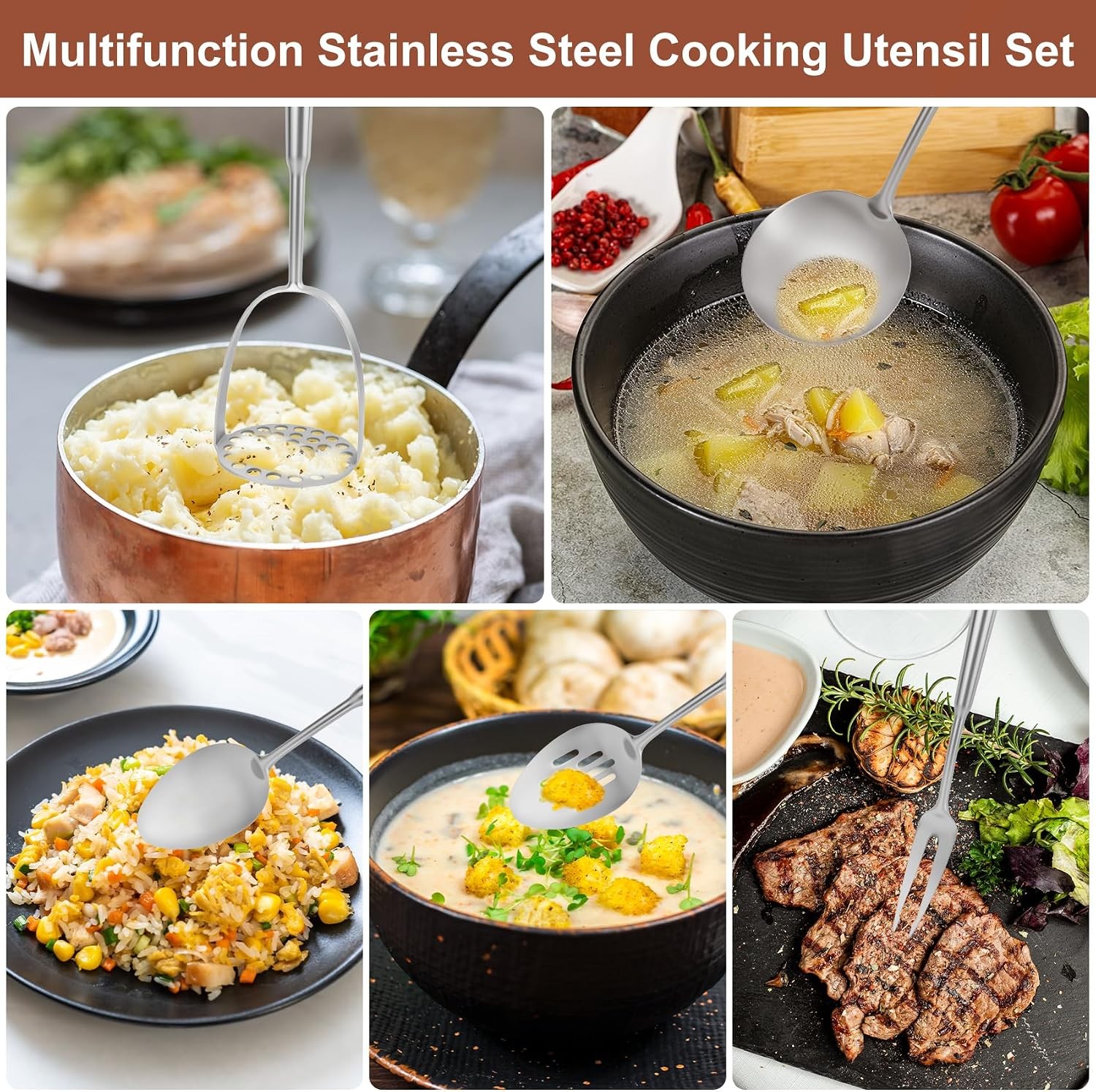 18 10 Stainless Steel Cooking Utensils Set, 10pcs Long Metal Kitchen Utensils