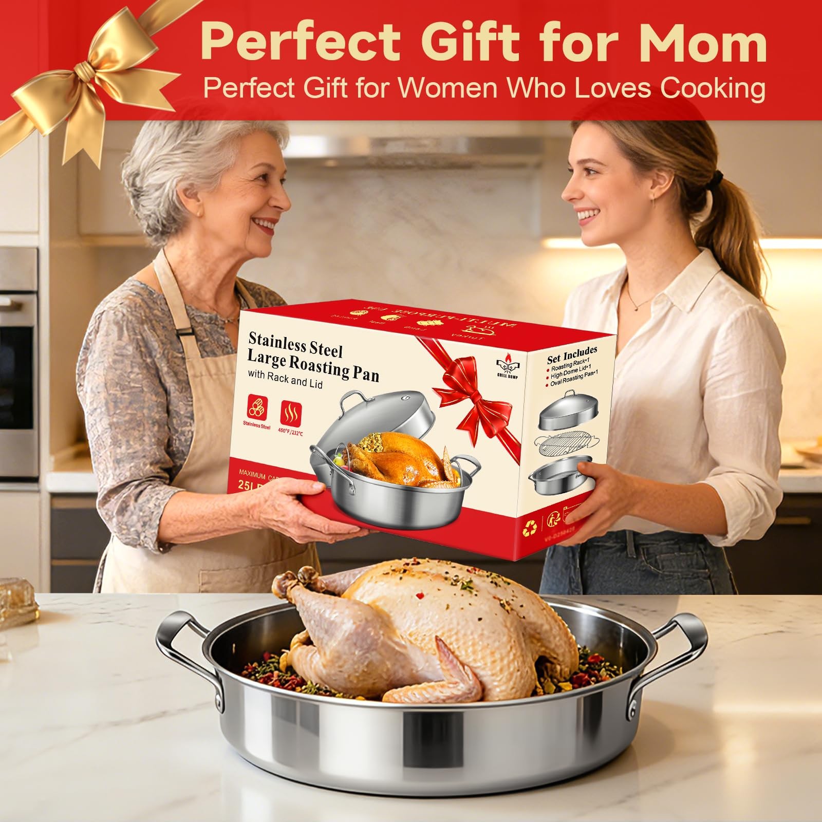 21 Inch Stainless Steel Roasting Pan with Rack and Lid For Turkey Chicken