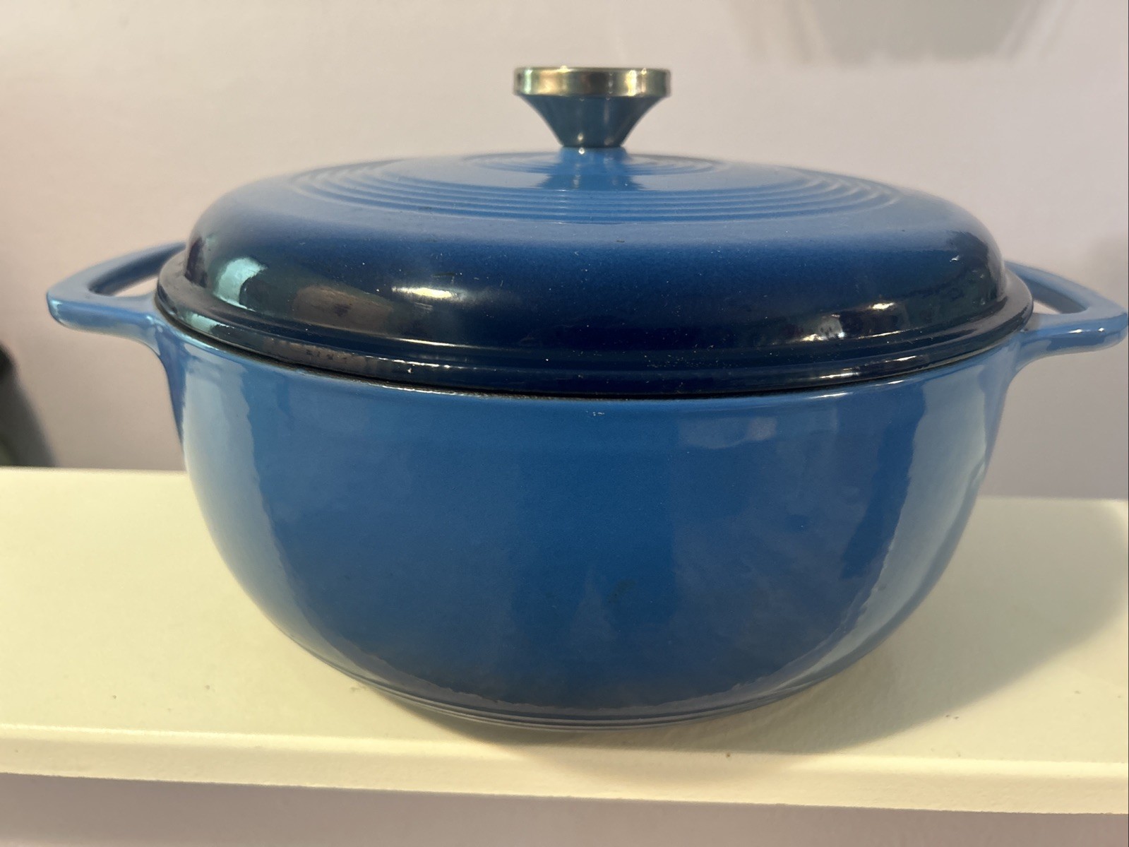Lodge 6 Quart Enameled Cast Iron Dutch Oven Blue Round Pot Lid 5.6 Liter Read