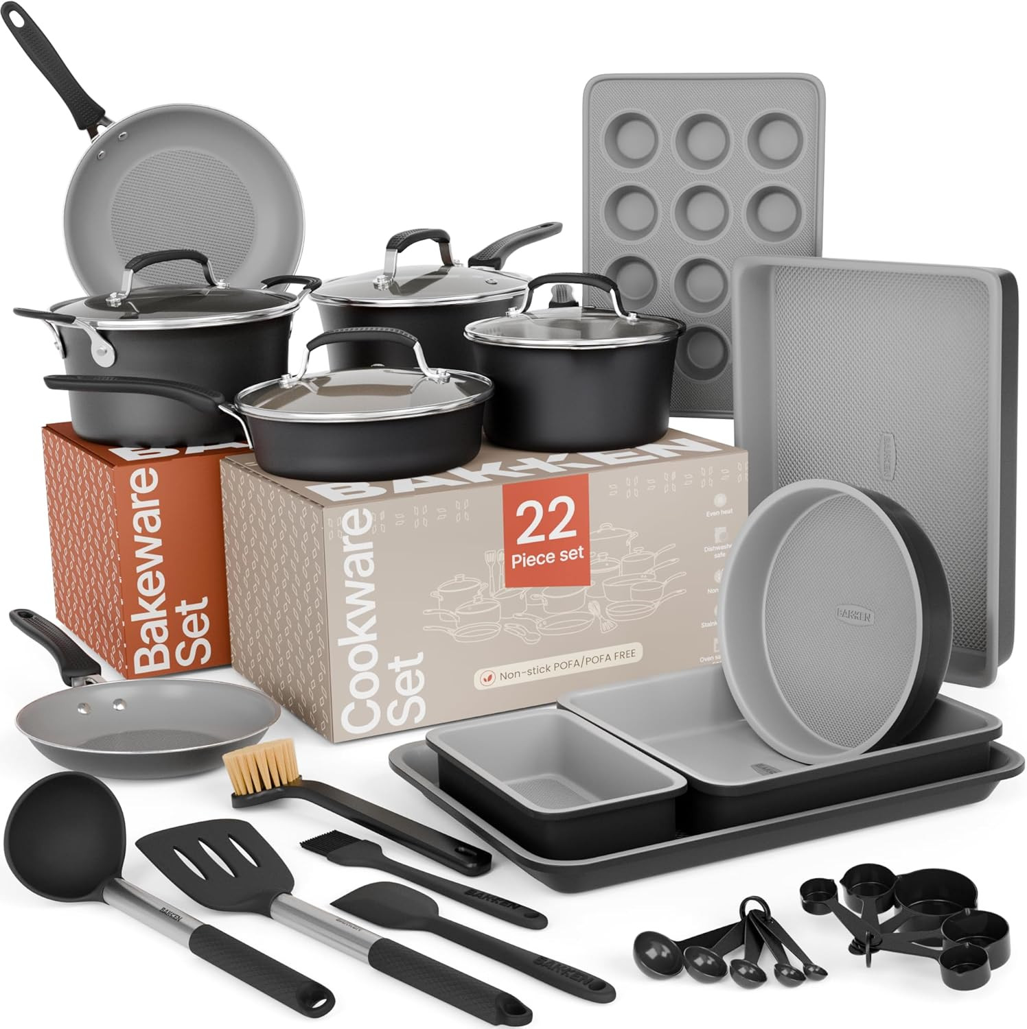 22-Piece Non-Stick Cookware Set with Stackable Design & Tempered Glass Lids