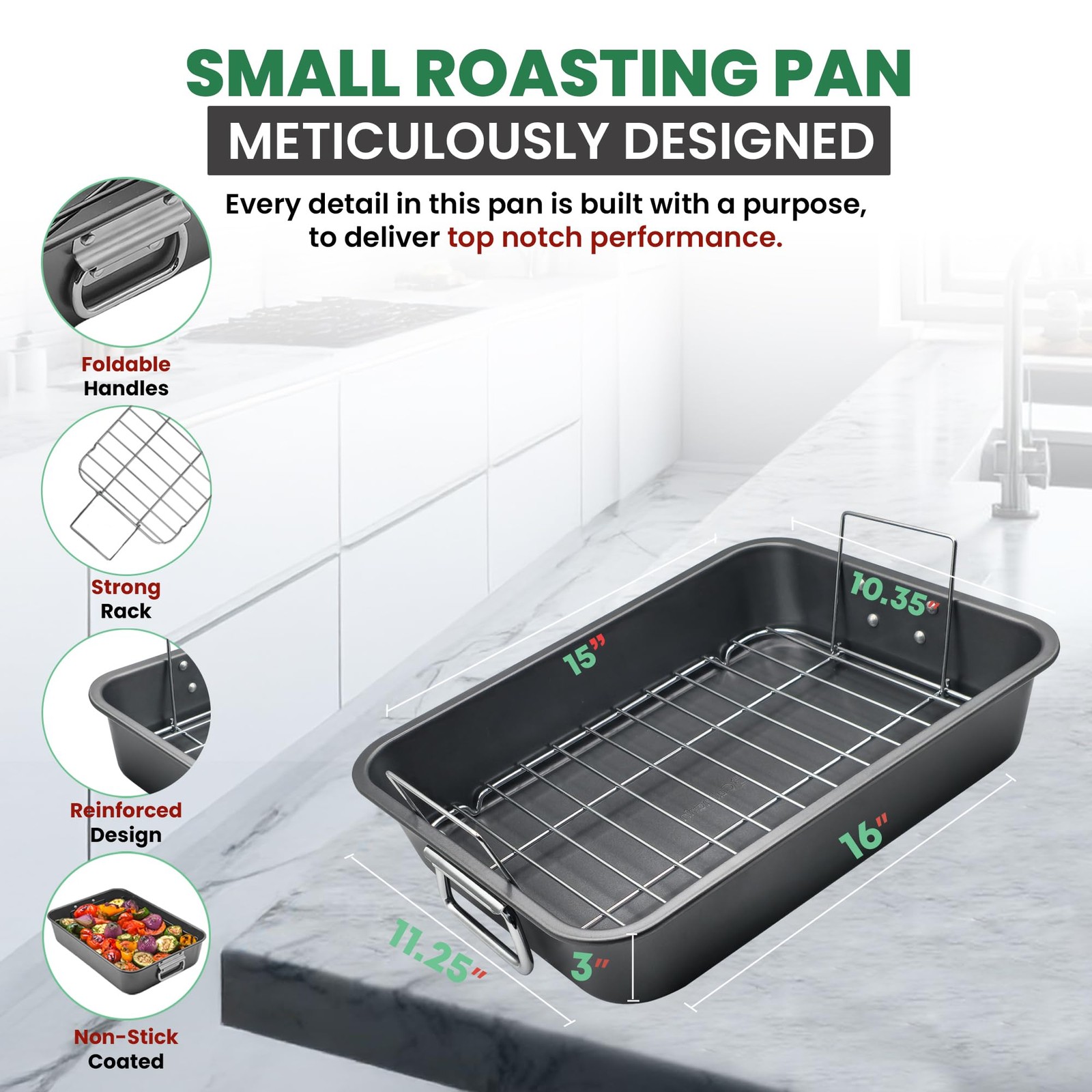 Roasting Pan With Rack 11 x 15 – Non Stick Large Roaster Pan and Flat Rack with