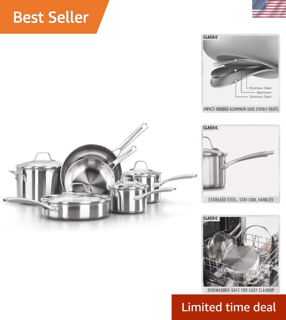 Versatile Stainless Steel 10-Piece Cookware Set – Oven Safe 450°F & Easy Cleanup