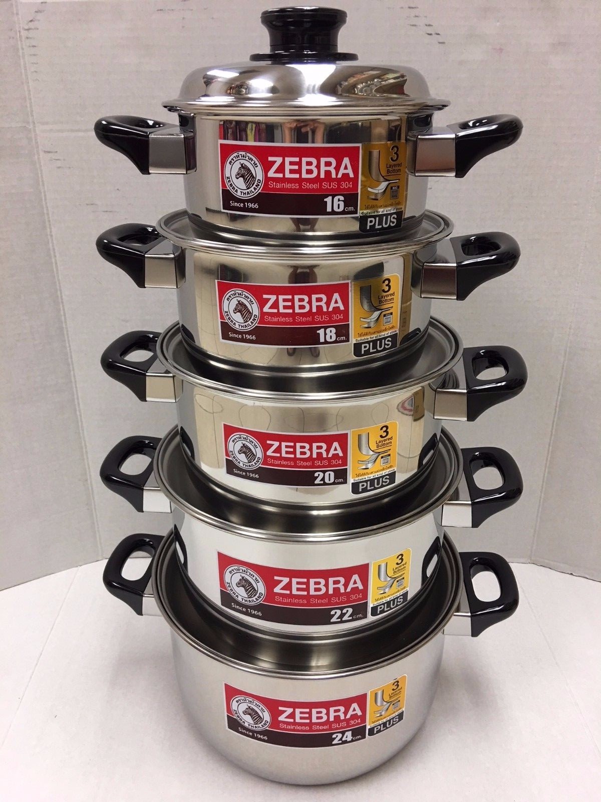 10Pcs/Set Zebra Stainless Steel Pot with Lid 3 Layered Bottom 16 – 24 CM – New!