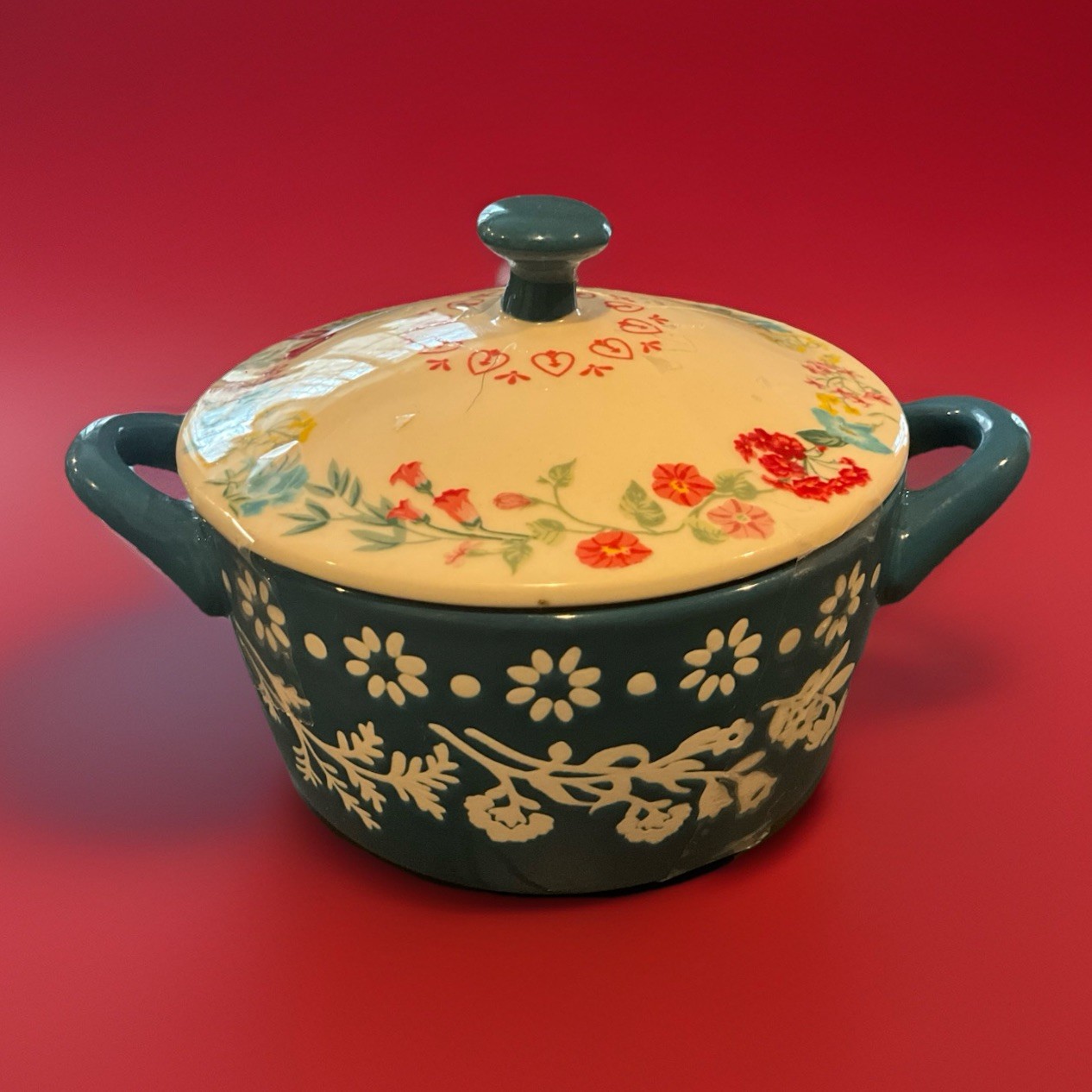 Pioneer Woman Fancy Flourish Mini Cocotte with Lid 16 oz 4.5” In Diameter Blue