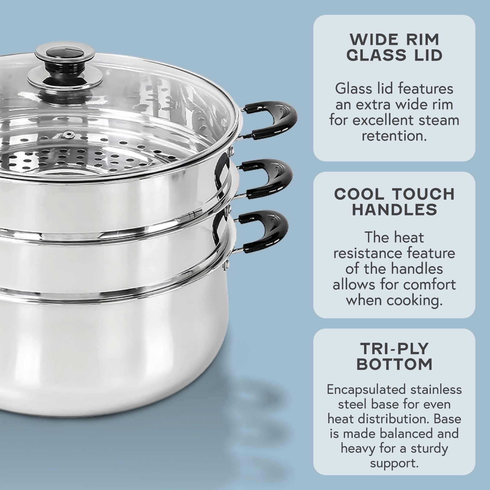 Concord 30 CM Stainless Steel 3 Tier Steamer Pot Steaming Cookware