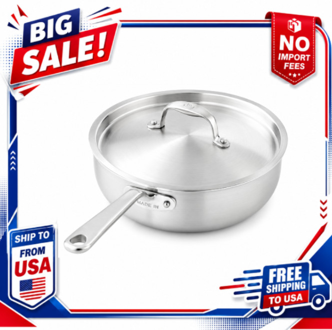Made In Stainless Steel Saucier Pan with Lid 3 Qt Multi-Clad Cookware