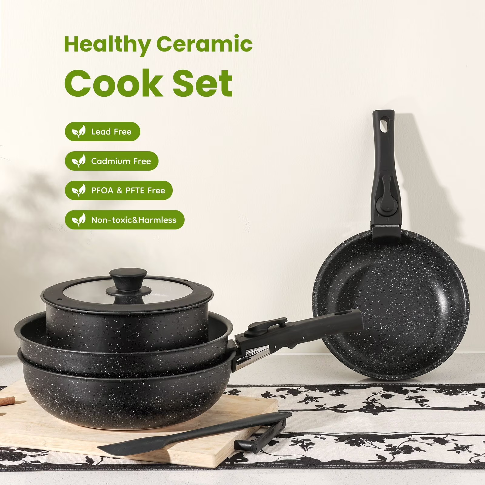 Gianna 12 Pcs Non-Stick Cookware Set, Pots and Pans Set, with Spatula & Detachab