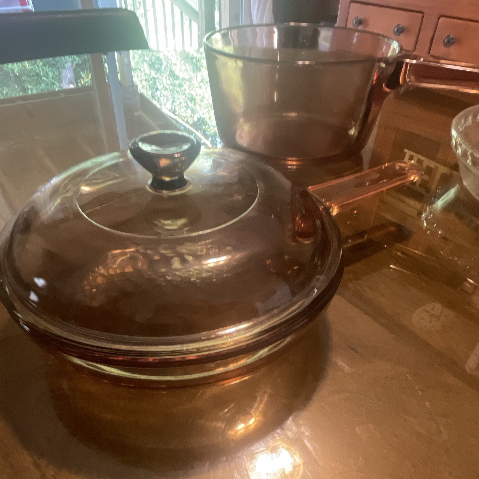 4 piece Pyrex Visions Glass 7in Skillet w Lid, 1.5 liter pot 9.5in pie plate