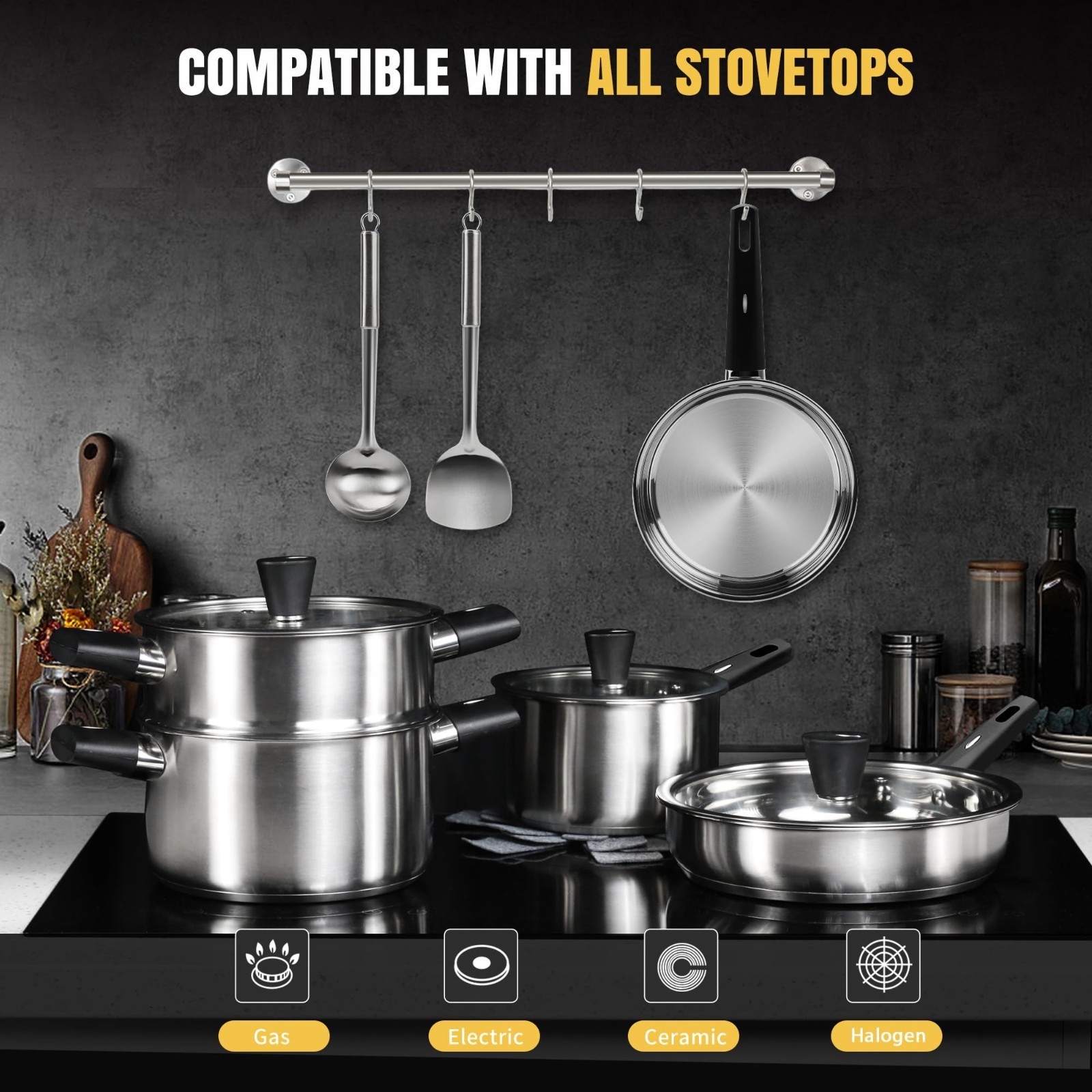 14-Piece Stainless Steel Cookware Set for Induction – Non-Toxic Pots, Glass Lids