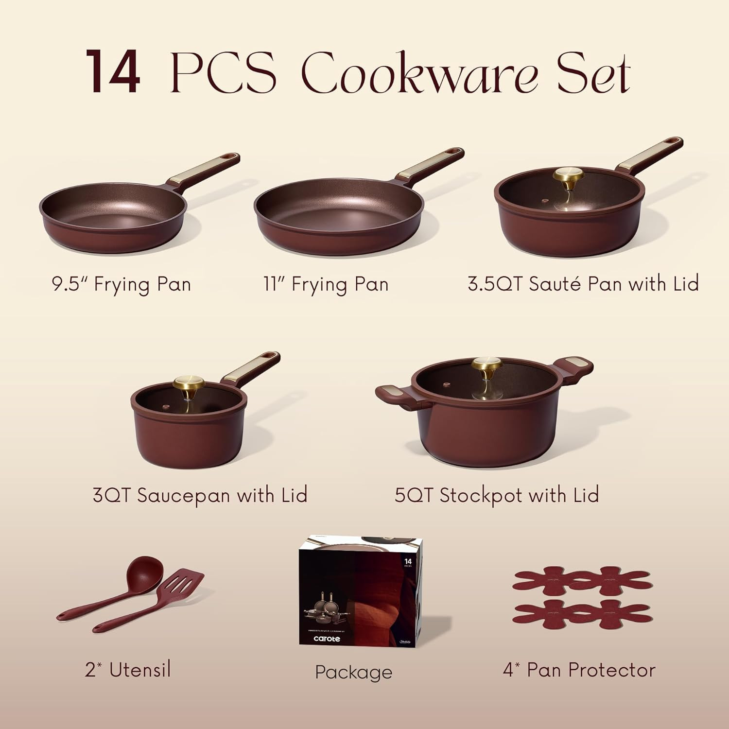 14-Piece Nonstick Cookware Set – PFOA-Free, Wine Red, Dishwasher Safe