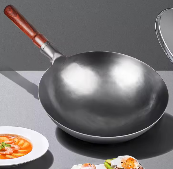Hand Hammered Wok,traditional Iron Wok No Coating Wooden Handle