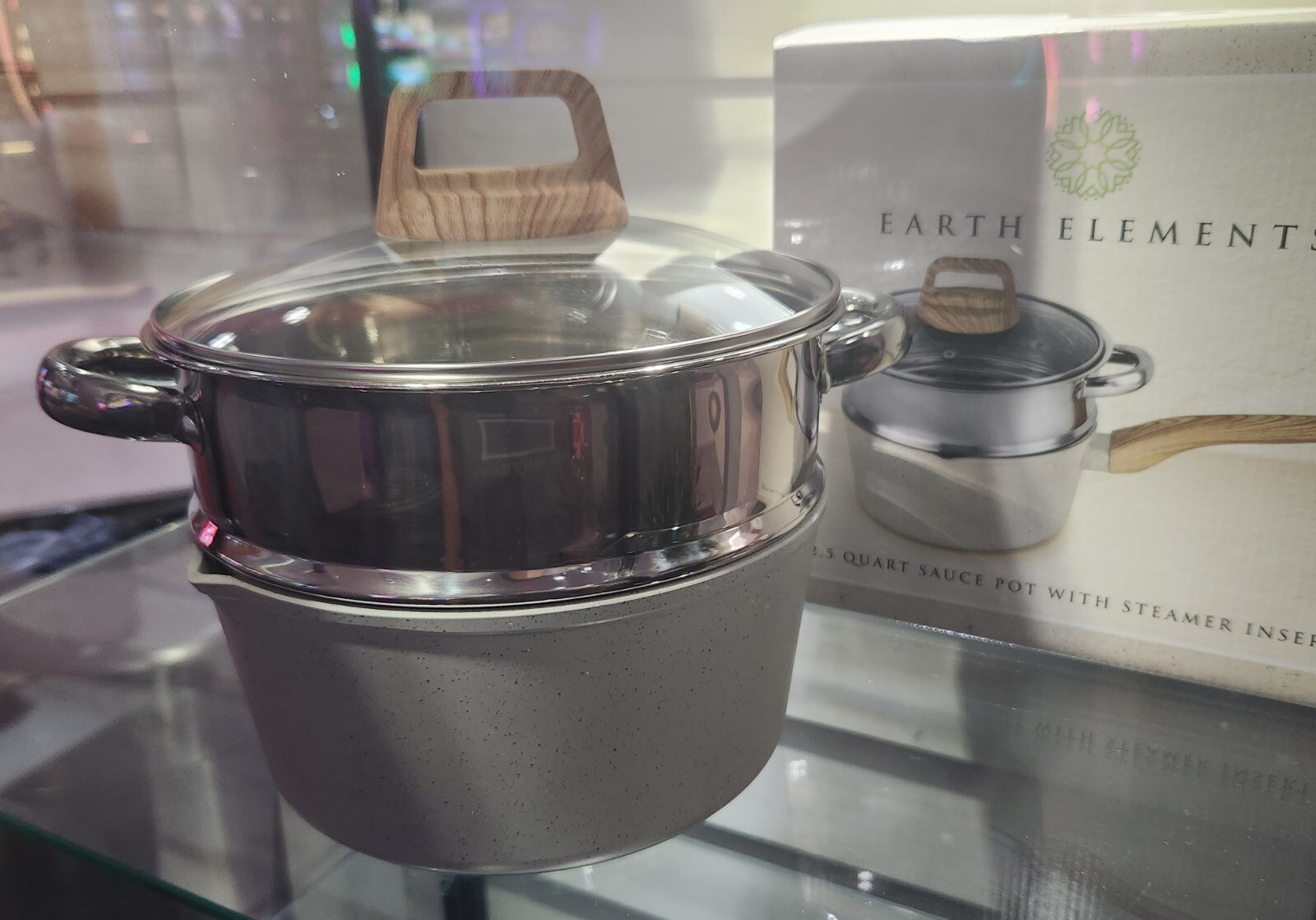 Earth Elements 2.5 Quart Sauce Pot w/ Steamer Insert Cream, Gray Speckle EE20S01